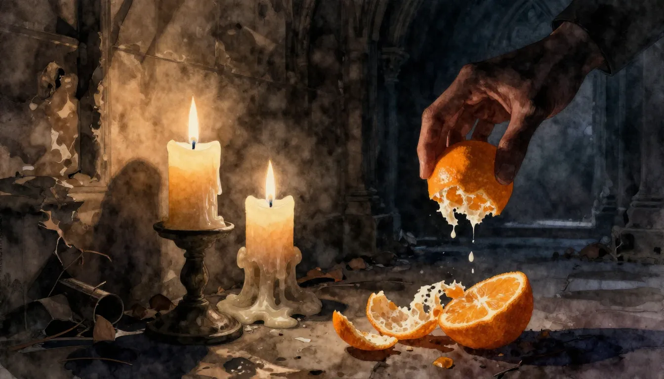 Watercolor style. Two melting wax candles in a dark abandone...