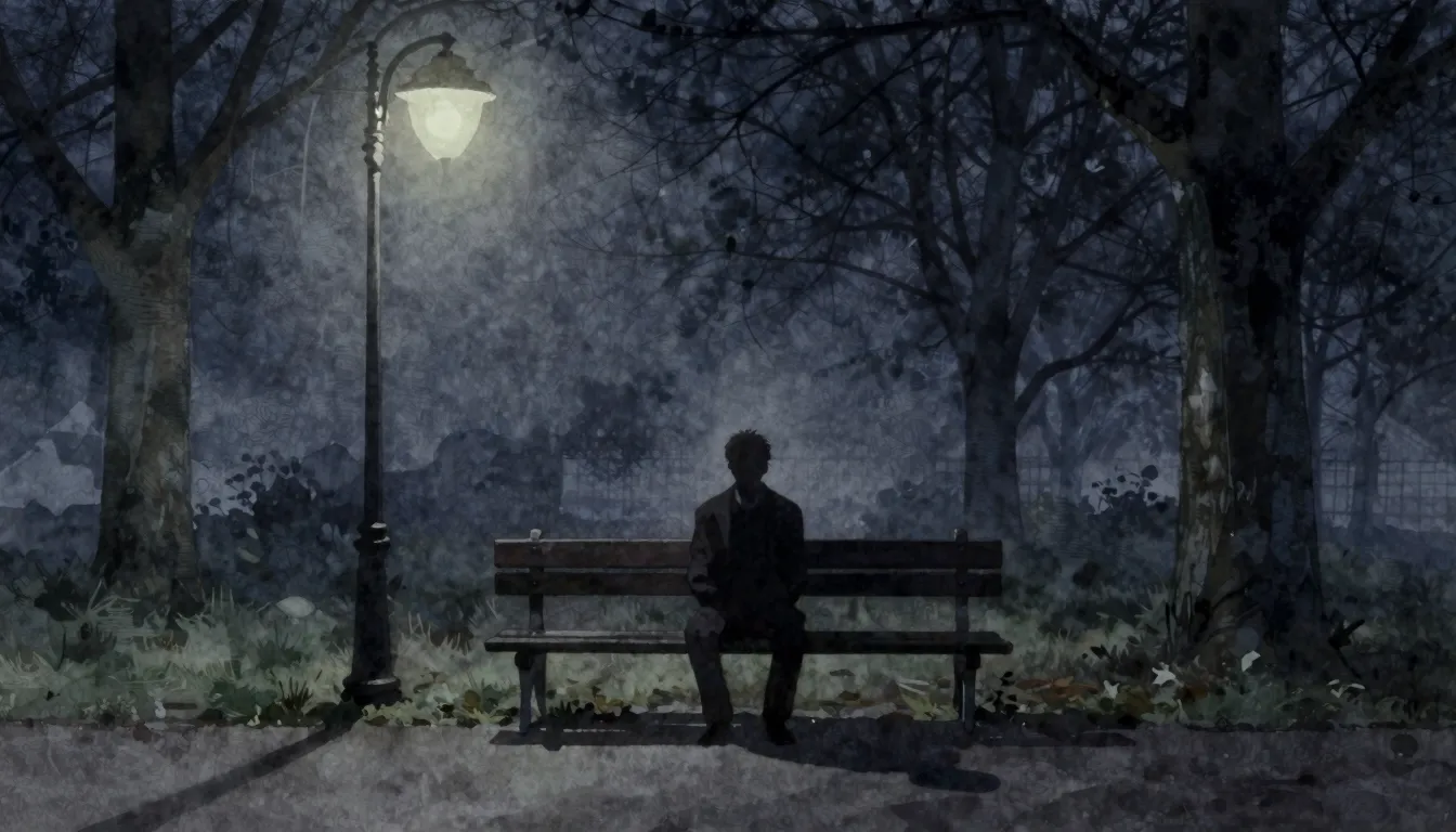 Watercolor style. A lonely silhouette of a man sitting on a ...