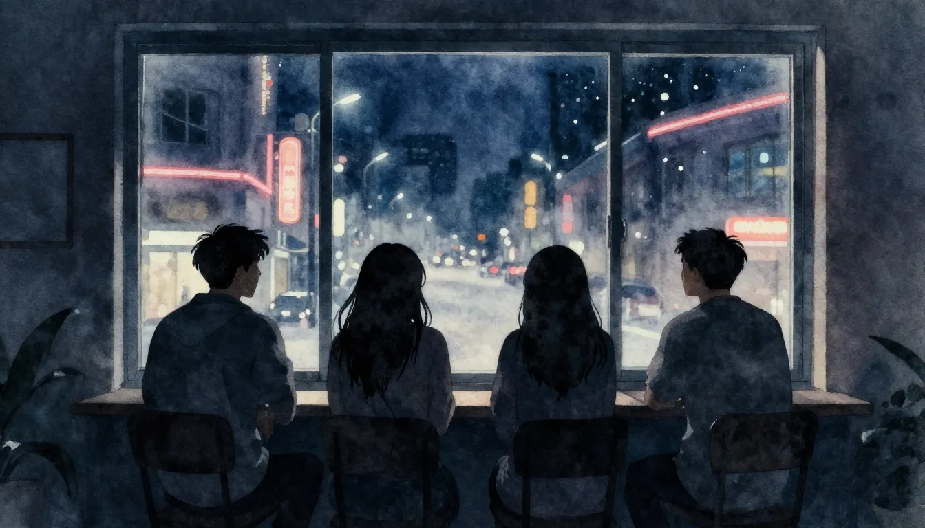 Watercolor style. Silhouette of 4 friends sitting in a dark ...