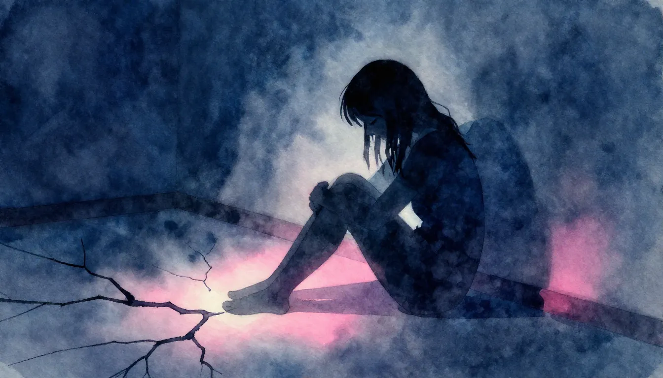 Watercolor style. A silhouette of a girl sitting on the floo...