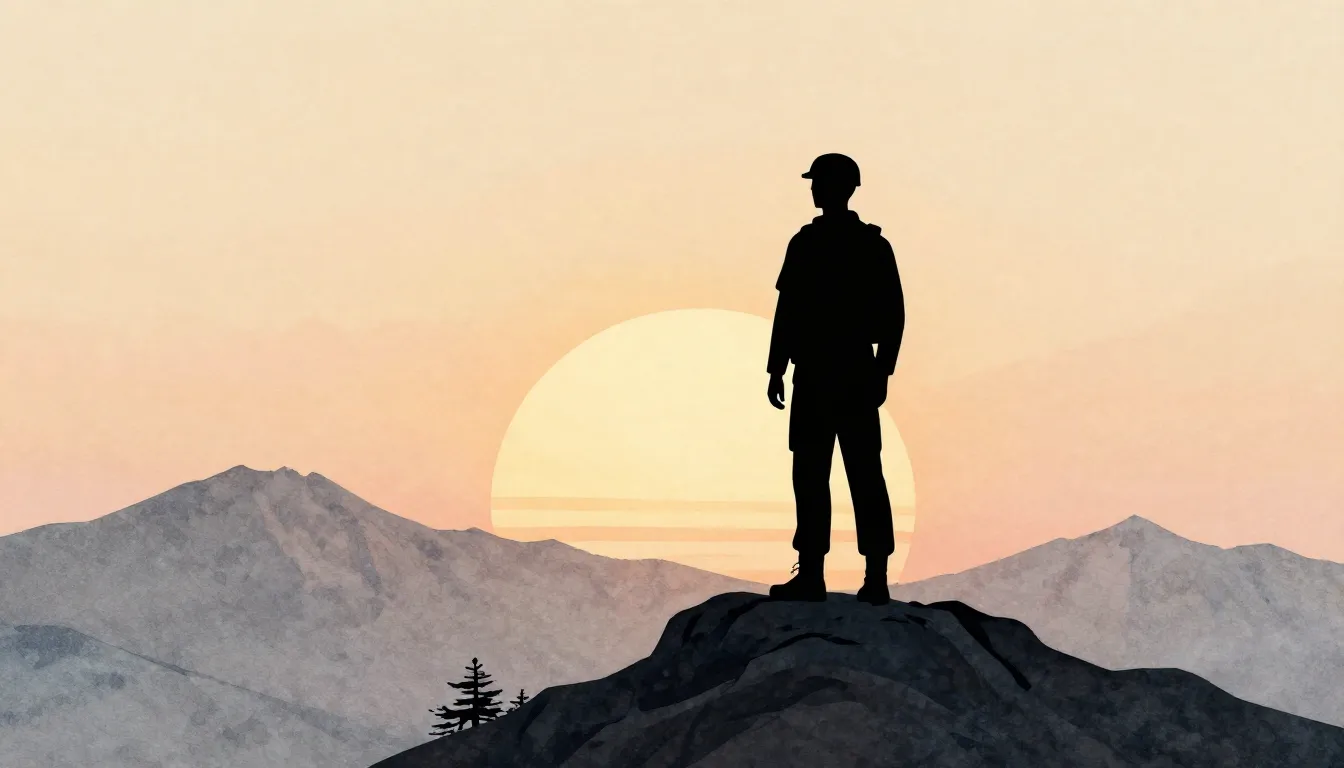 Watercolor style. A silhouette of a tall figure standing on ...