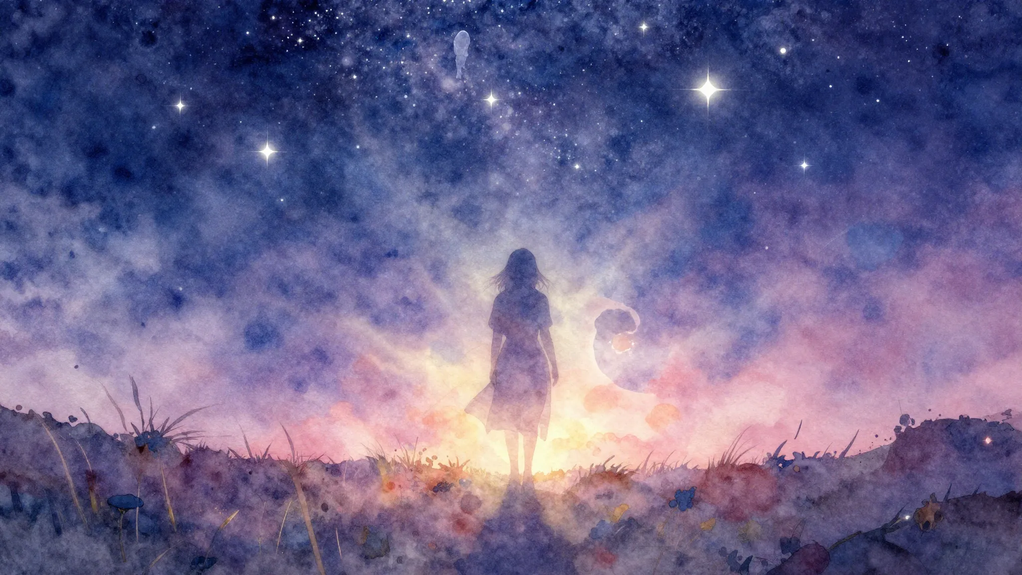 Vibrant watercolor style. Dreamy folk album cover, starry ni...