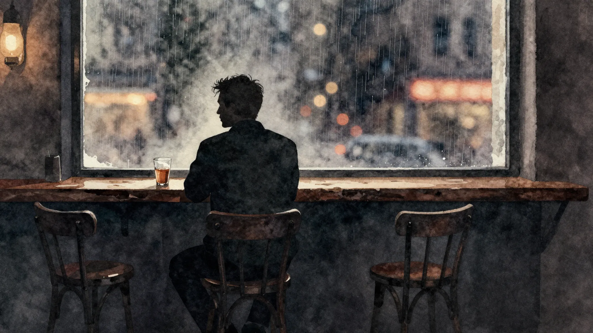 Watercolor style. A silhouette of a man sitting alone at a s...