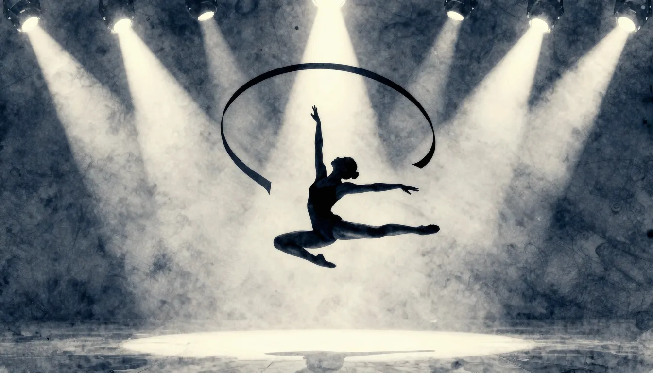 Watercolor style. A dark silhouette of a rhythmic gymnast pe...