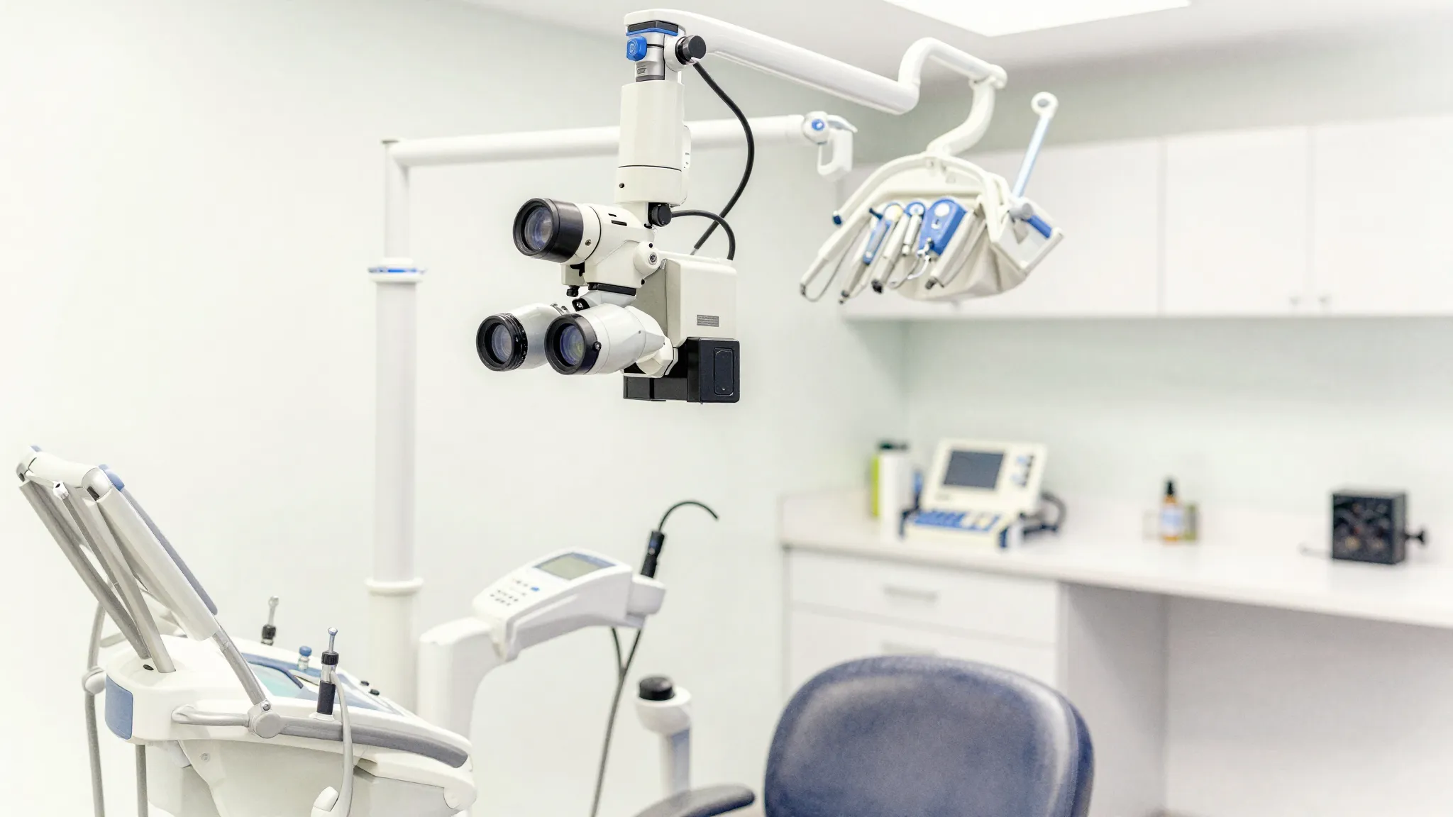 Watercolor style. A high-tech dental microscope in a modern,...