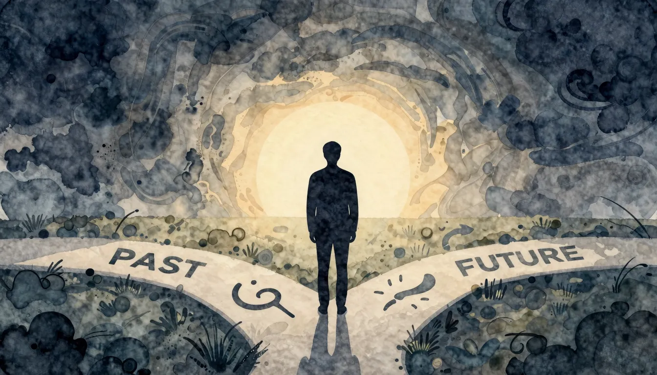 Watercolor style. A silhouette of a person standing at a cro...