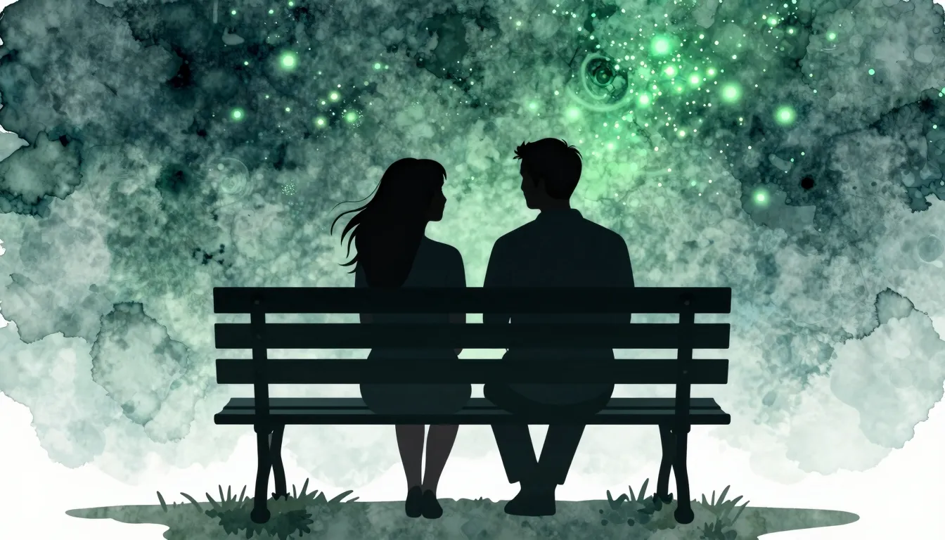 Watercolor style. Silhouette of a couple sitting together on...