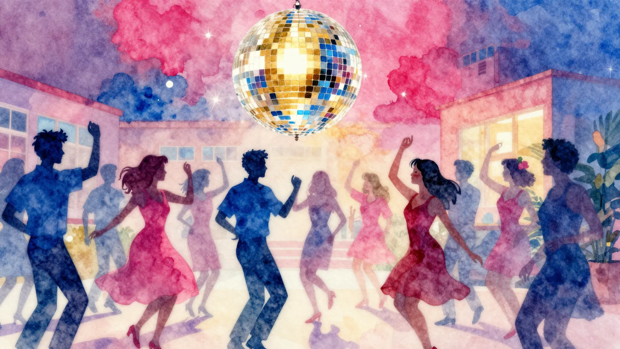 Vibrant watercolor style. Disco-funk album cover: A vibrant,...
