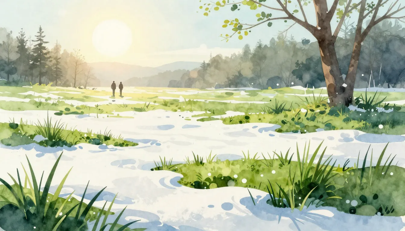 Watercolor style. Spring landscape with melting snow, emeral...
