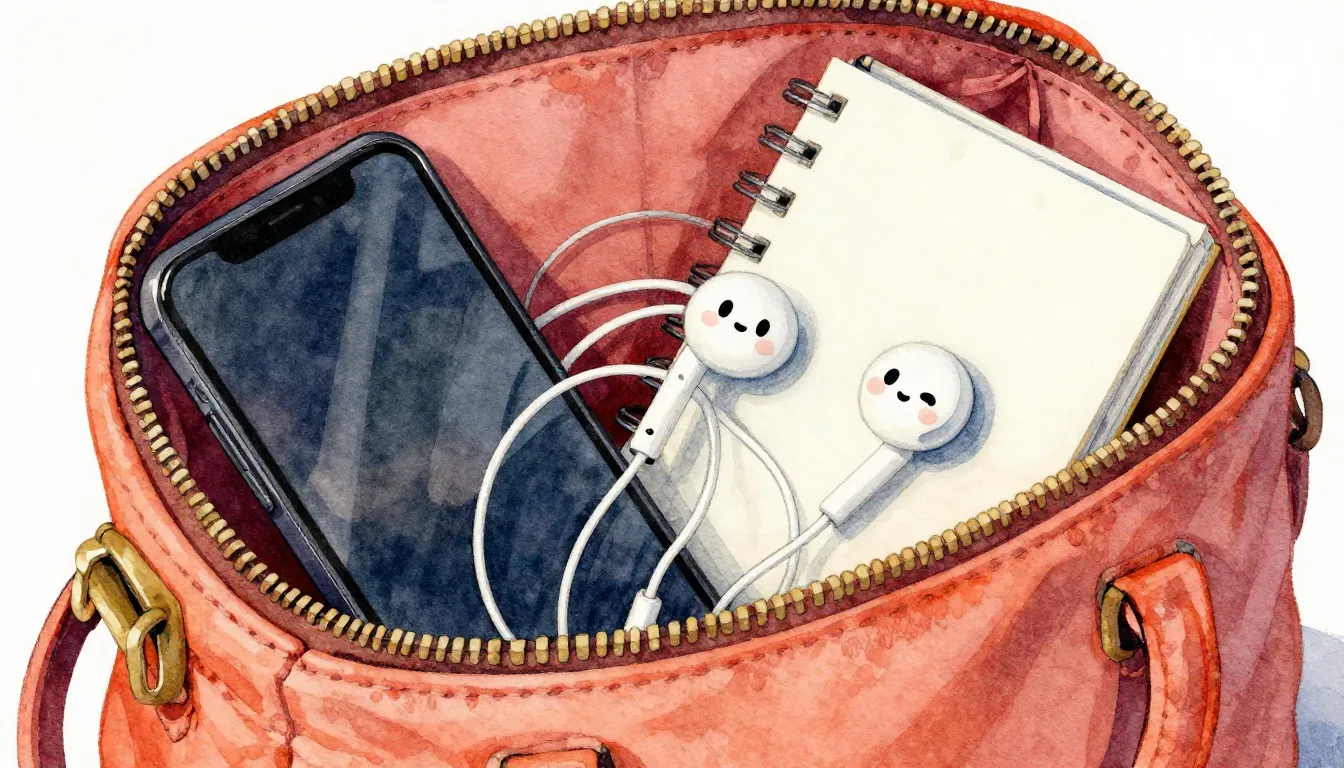 Watercolor style. Interior of a bag, a smartphone, tangled w...