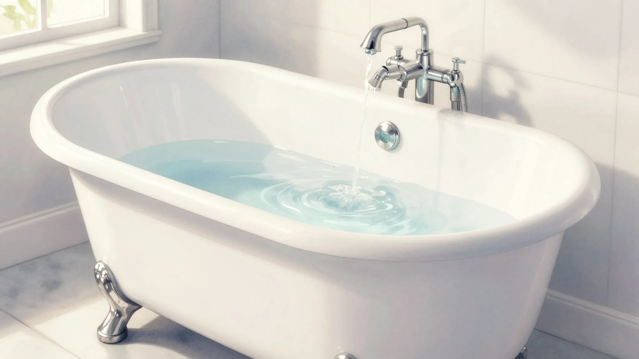 Watercolor style. A sparkling clean, glossy white cast-iron ...