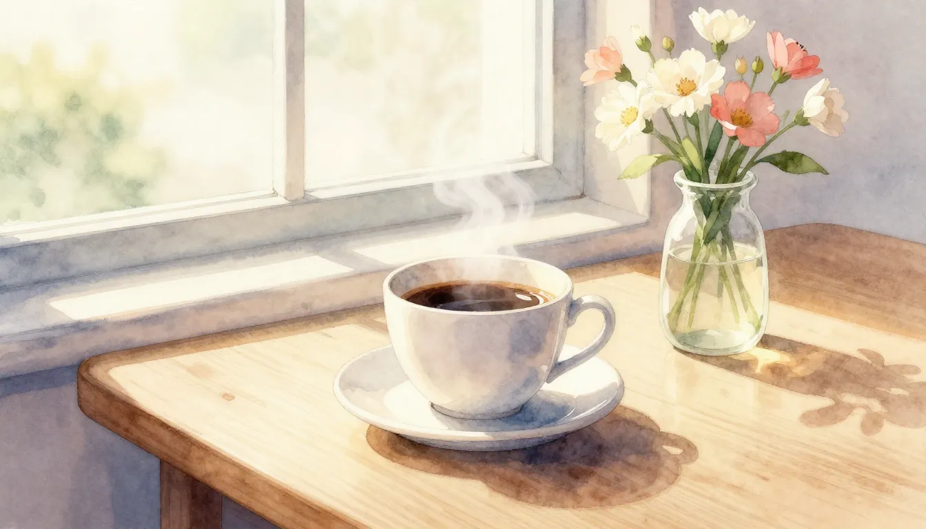 Watercolor style. A bright morning scene with a cup of coffe...