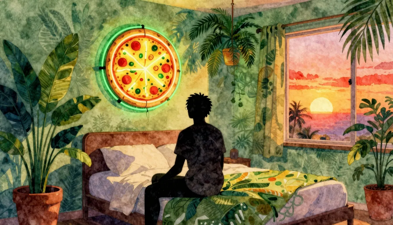 Watercolor style. A silhouette of a person sitting on a bed ...