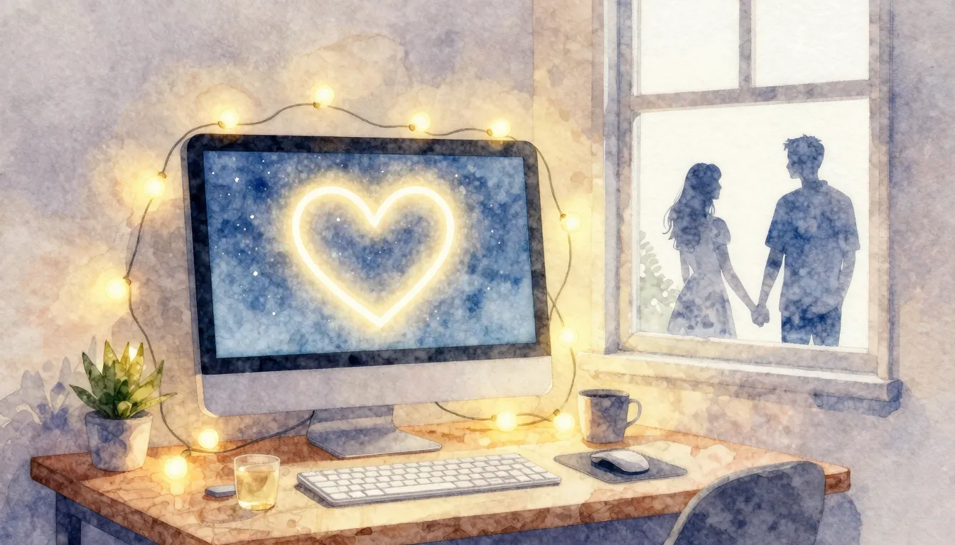 Watercolor style. A cozy room with a glowing computer monito...