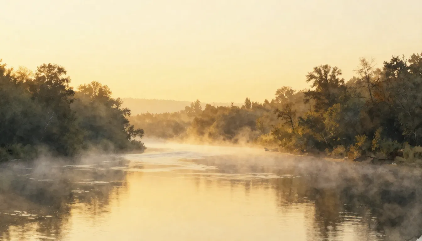 Watercolor style. Golden sunrise over a calm river, forest s...