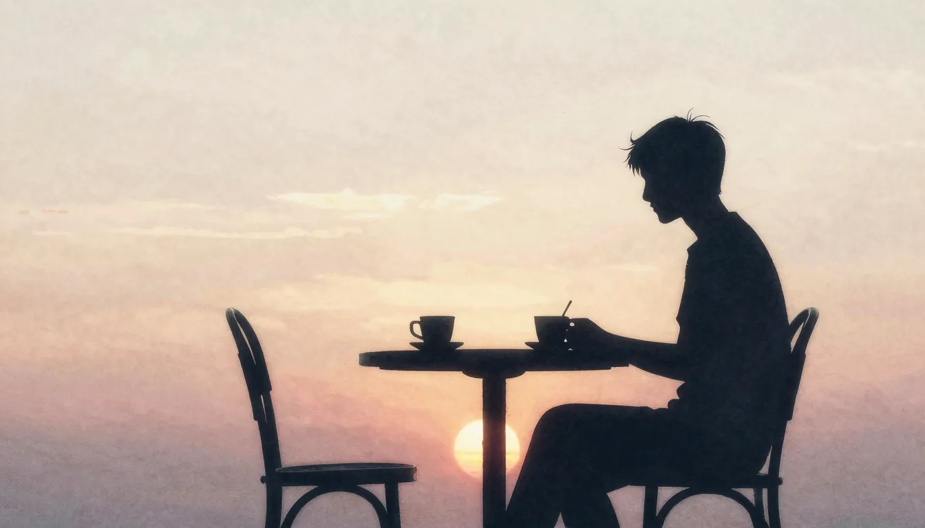 Watercolor style. A silhouette of a person sitting alone at ...