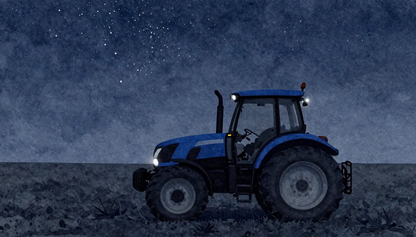 Watercolor style. A silhouette of a blue tractor in a vast f...