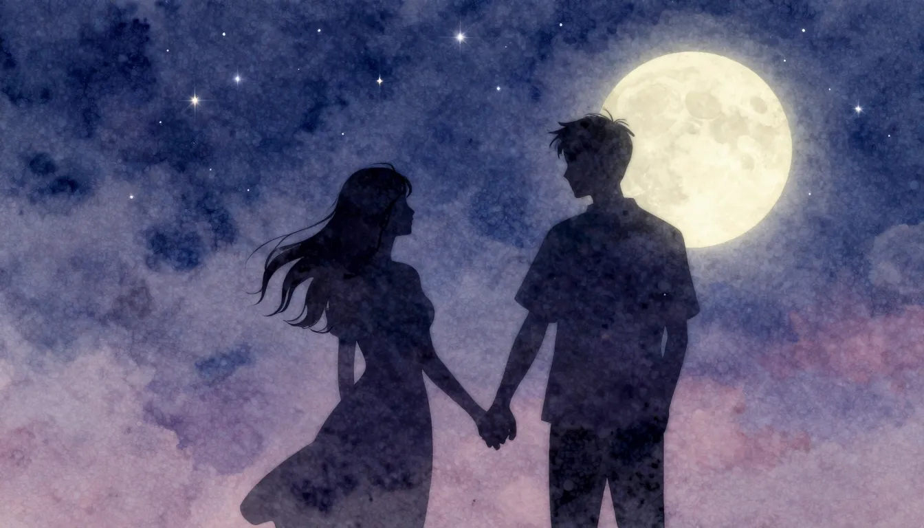 Watercolor style. A romantic silhouette of a couple holding ...