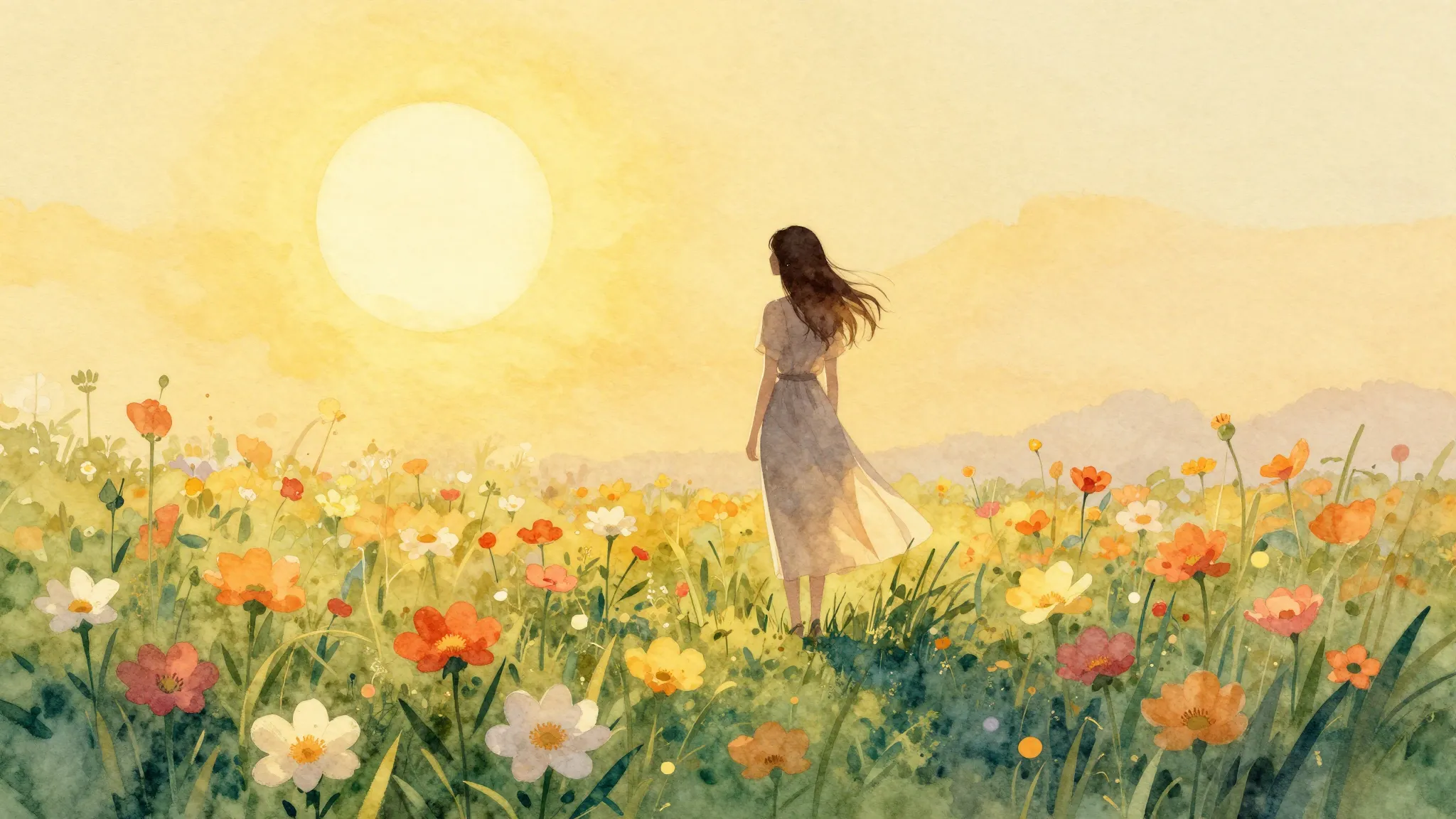 Watercolor style. A silhouette of a woman standing in a fiel...