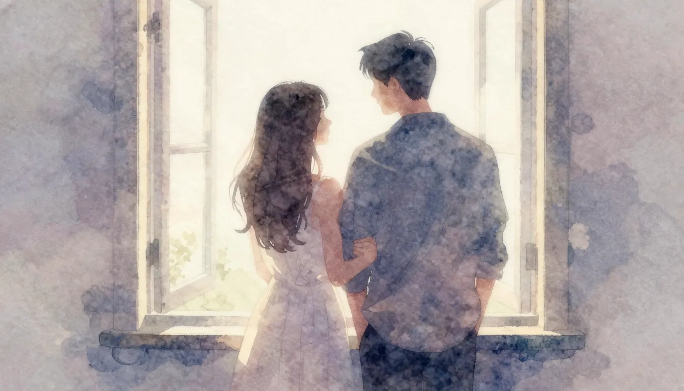 Watercolor style. A silhouette of a couple standing by a win...