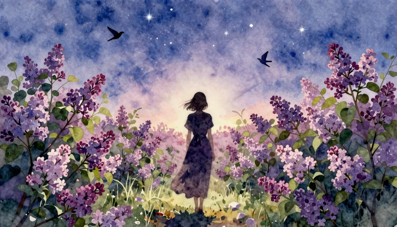 Watercolor style. Silhouette of a woman standing in a bloomi...