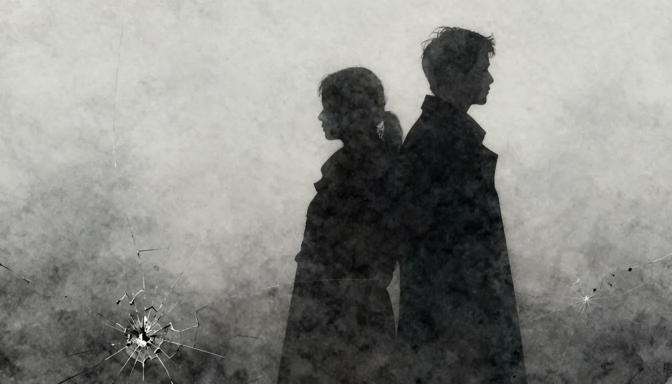 Watercolor style. Two dark silhouettes standing back to back...