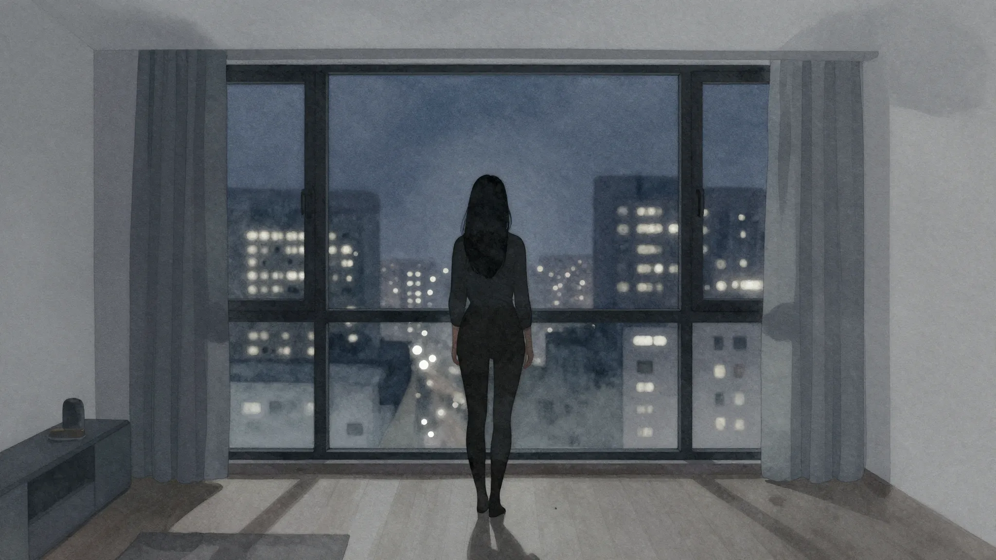 Watercolor style. A dark silhouette of a woman standing alon...