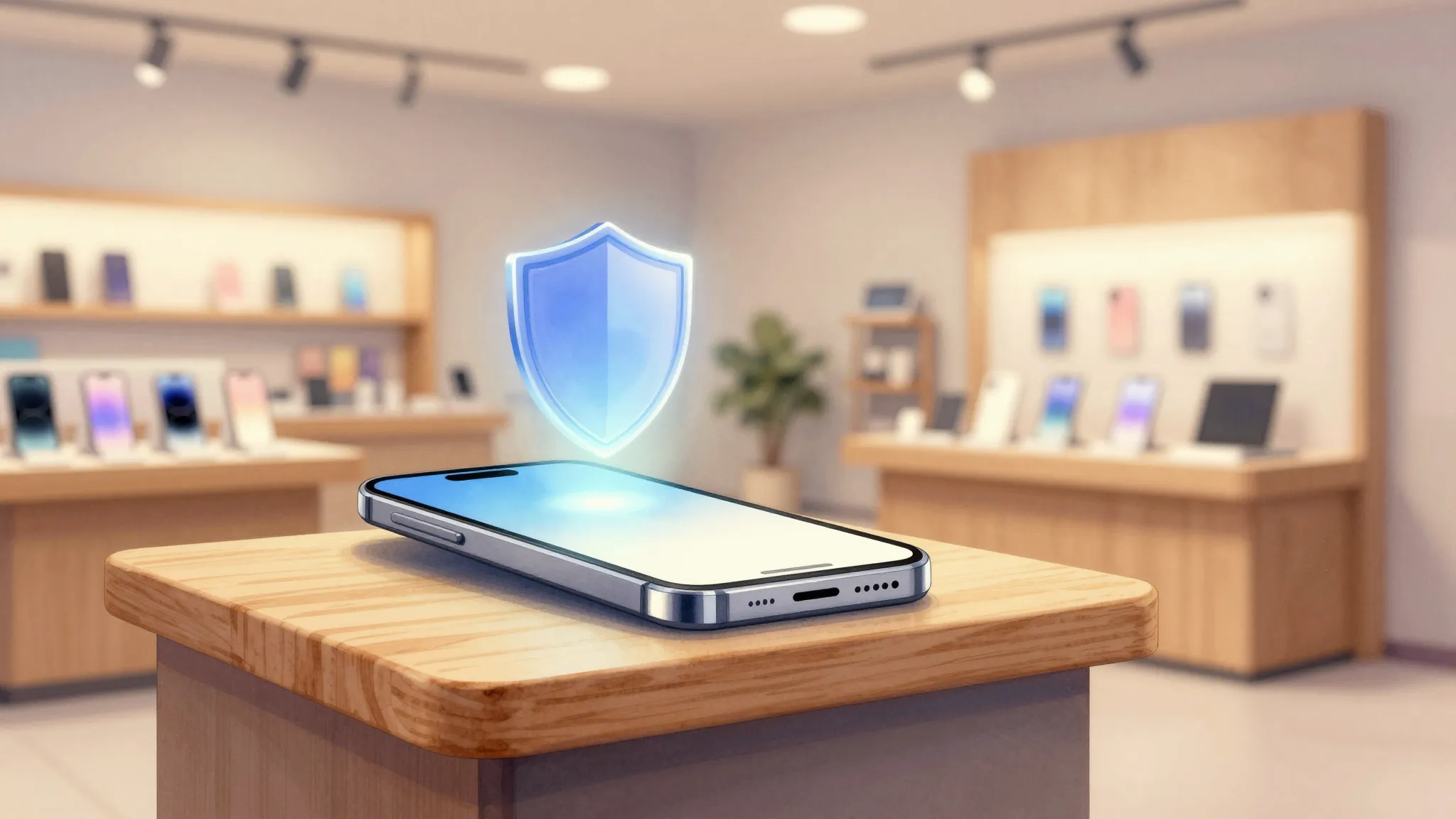 Watercolor style. A cozy modern smartphone store interior, a...