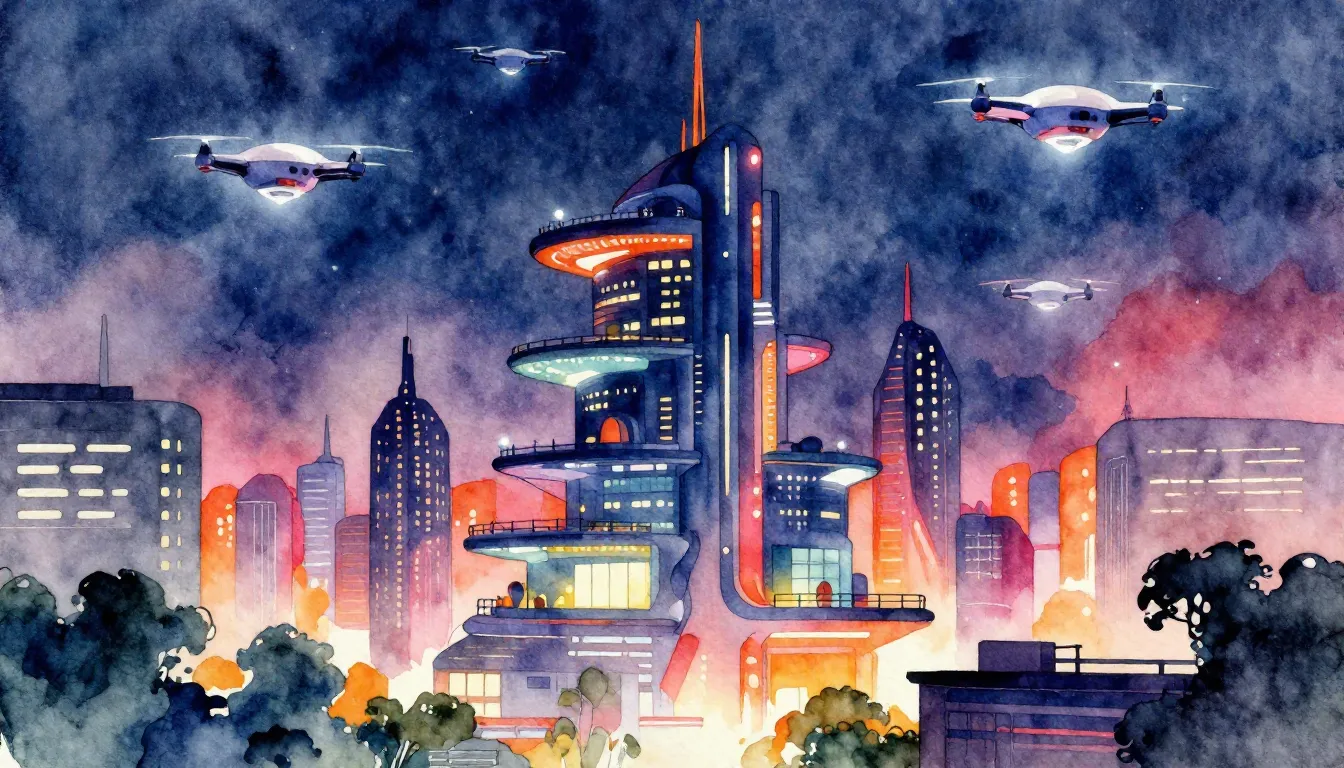 Vibrant watercolor style. R&B album cover: futuristic city a...