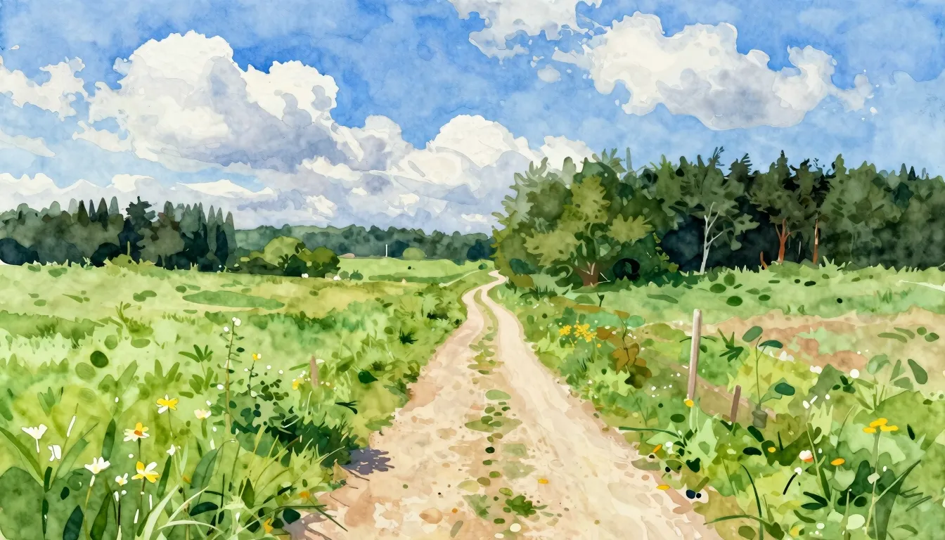 Watercolor style. A winding path leading through a lush gree...