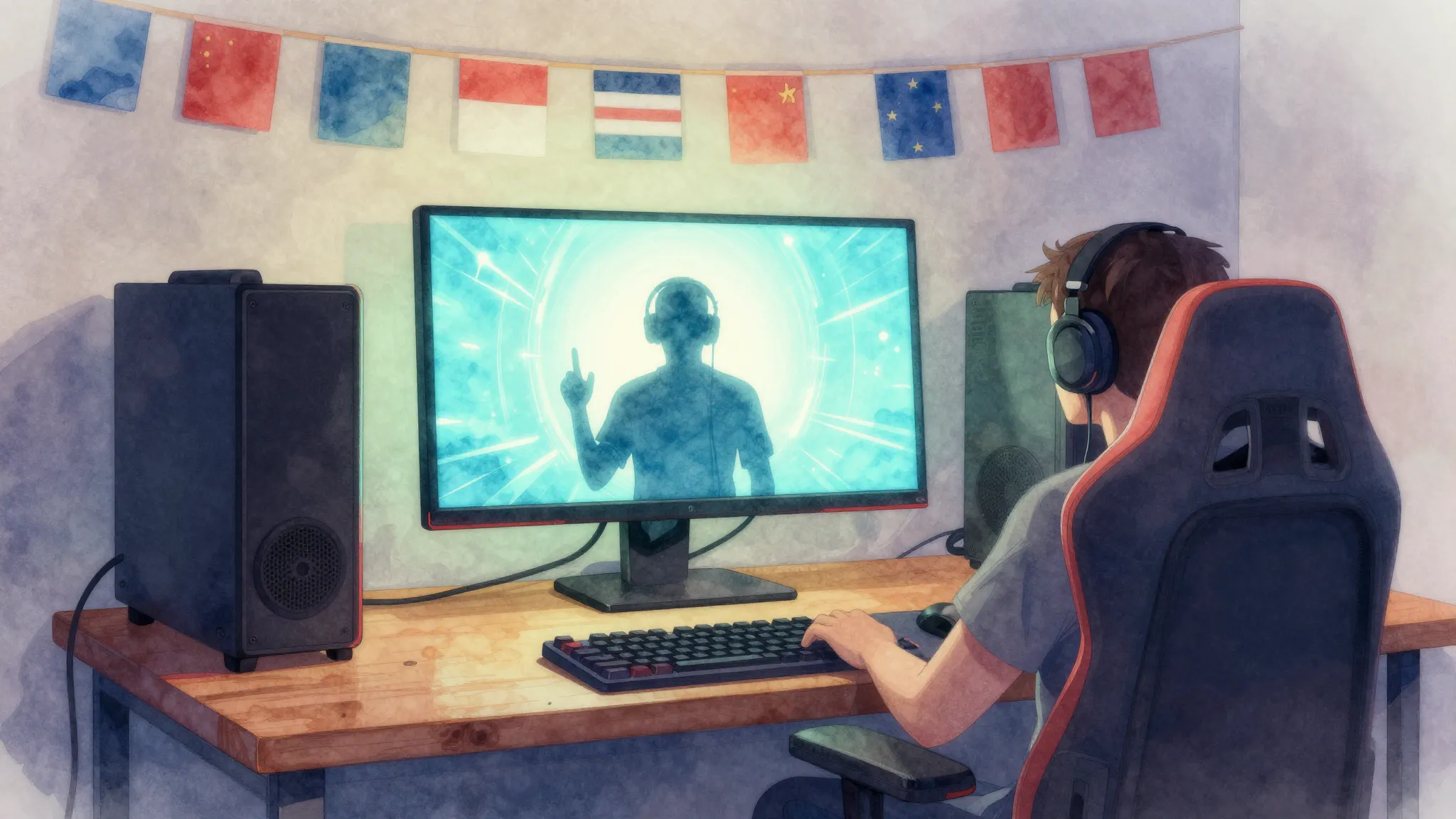 Watercolor style. Friendly gaming setup, glowing monitor, si...