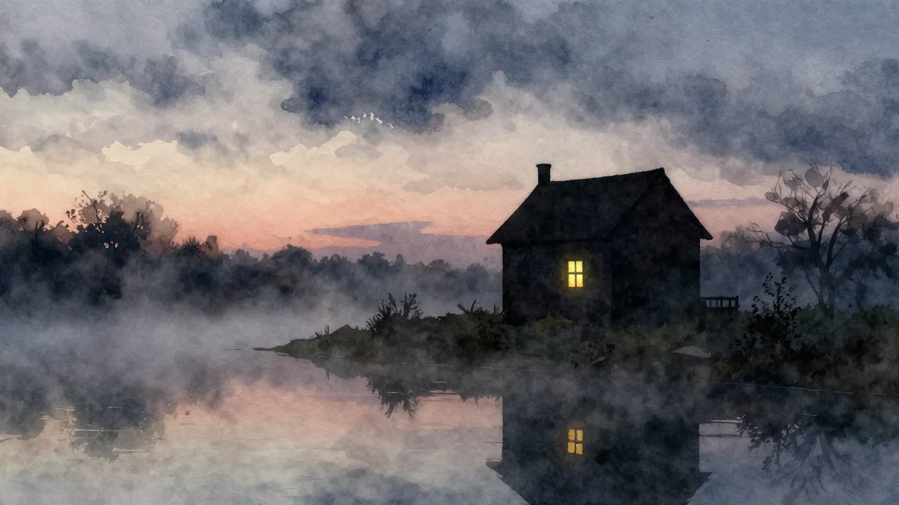 Watercolor style. A silhouette of a lonely house by a river ...