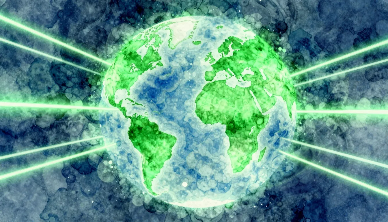 Watercolor style. Abstract digital art of a glowing green ea...