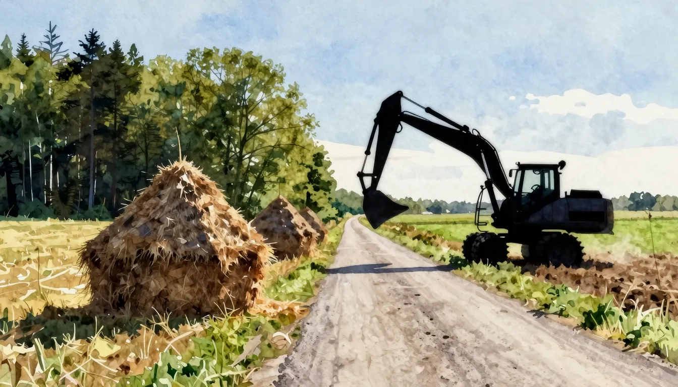 Watercolor style. Silhouette of a haystack on a rural road b...