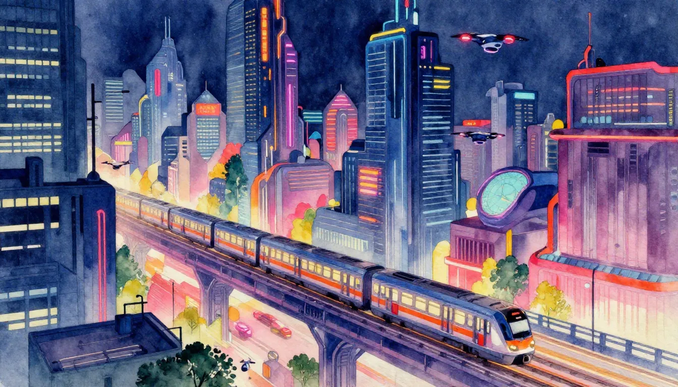 Vibrant watercolor style. Cyberpunk city at night, intricate...
