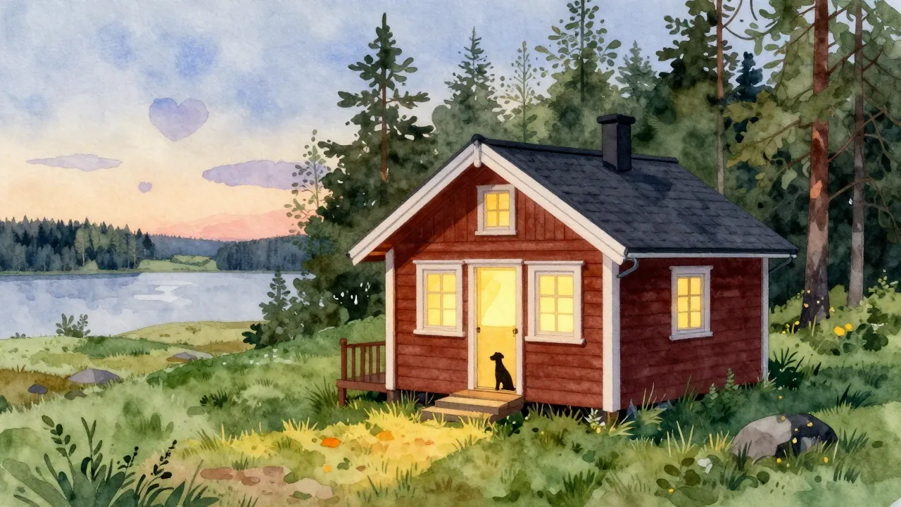 Vibrant watercolor style. A cozy Scandinavian cabin in a Swe...