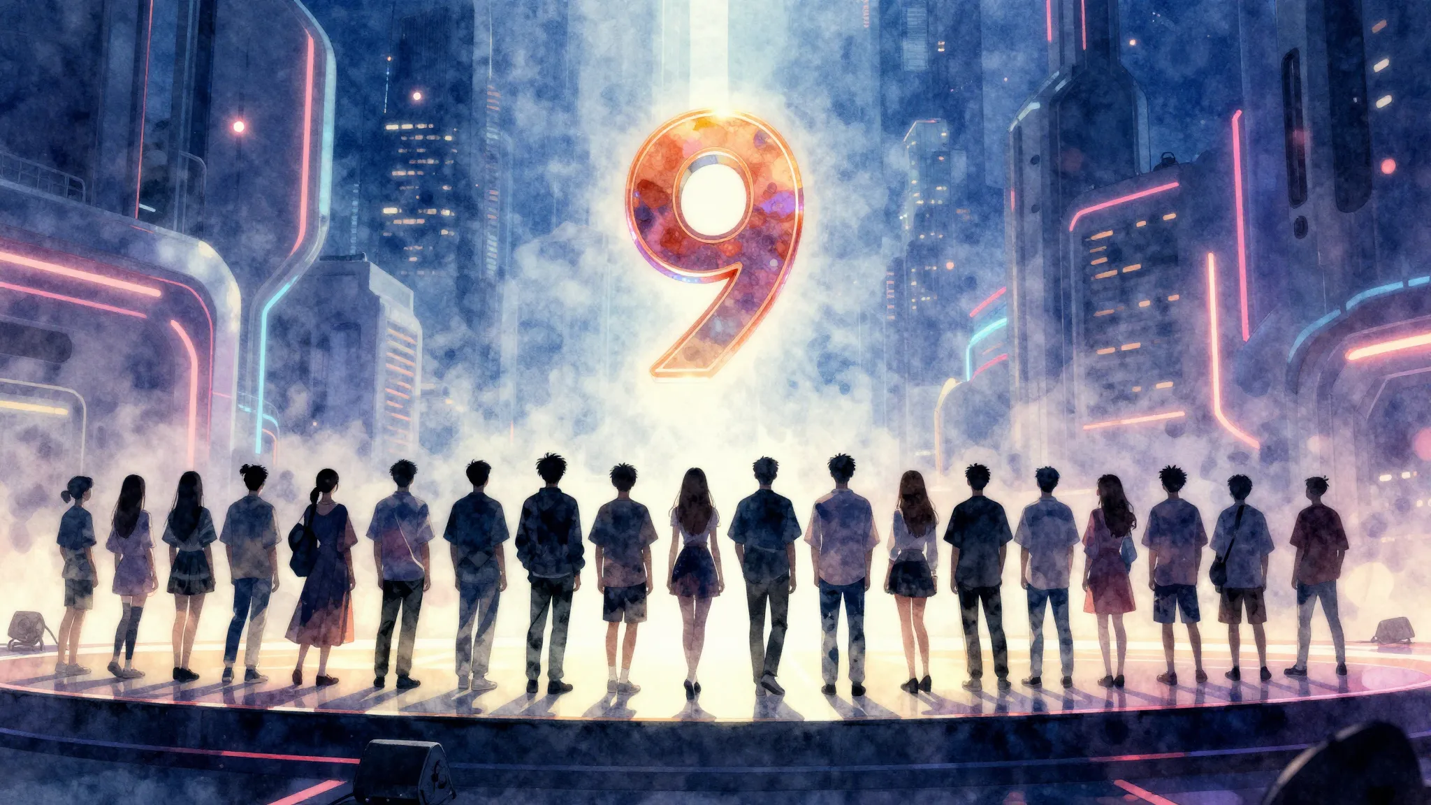 Watercolor style. Silhouettes of 24 teenagers standing toget...