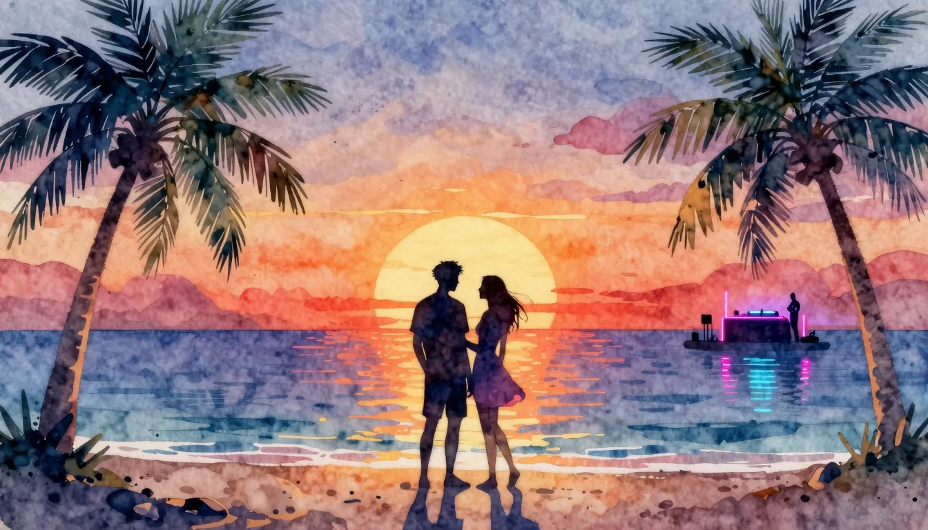 Watercolor style. Silhouette of a couple on a vibrant sunset...
