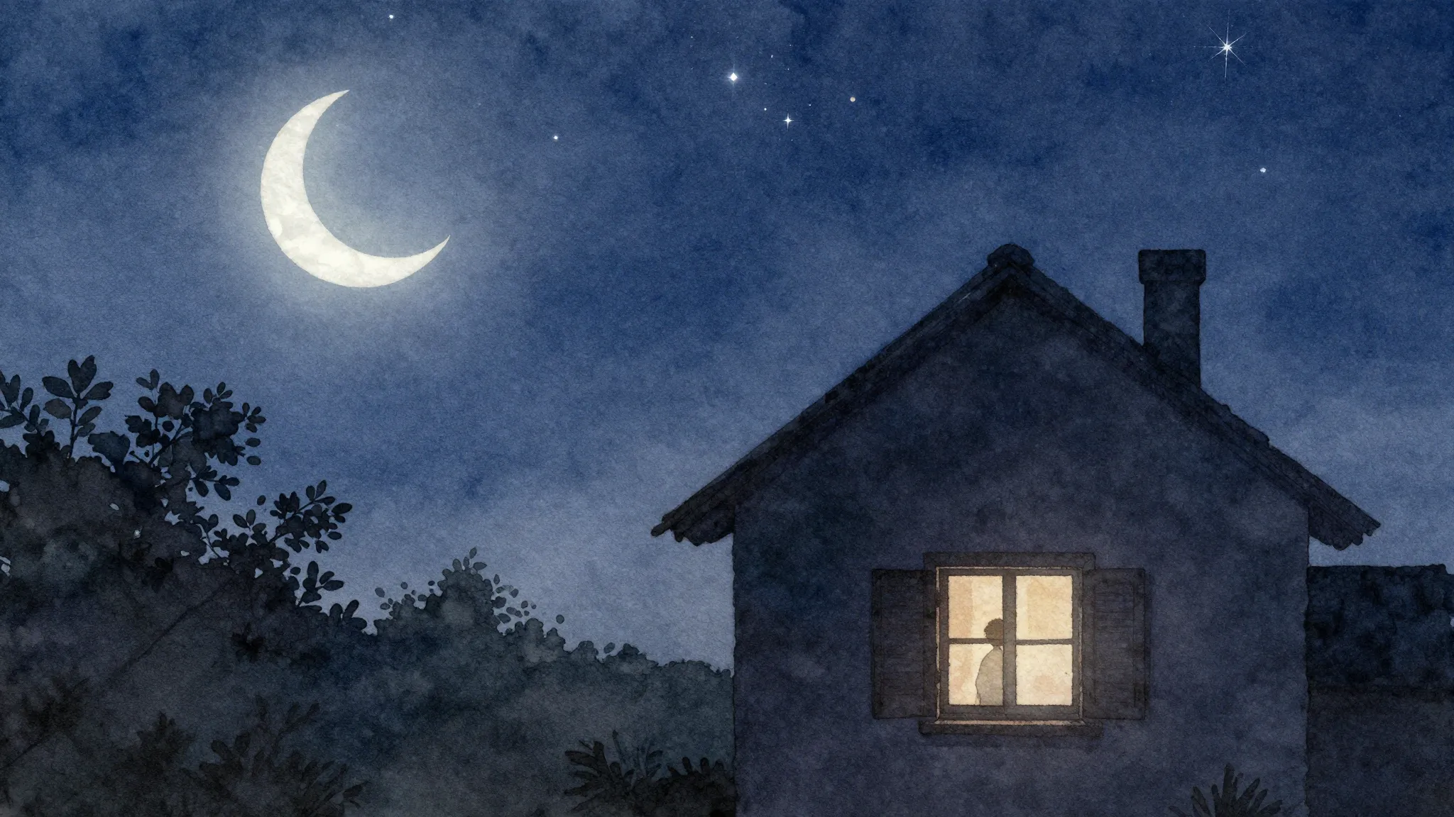 Watercolor style. A dark silhouette of a person looking at a...