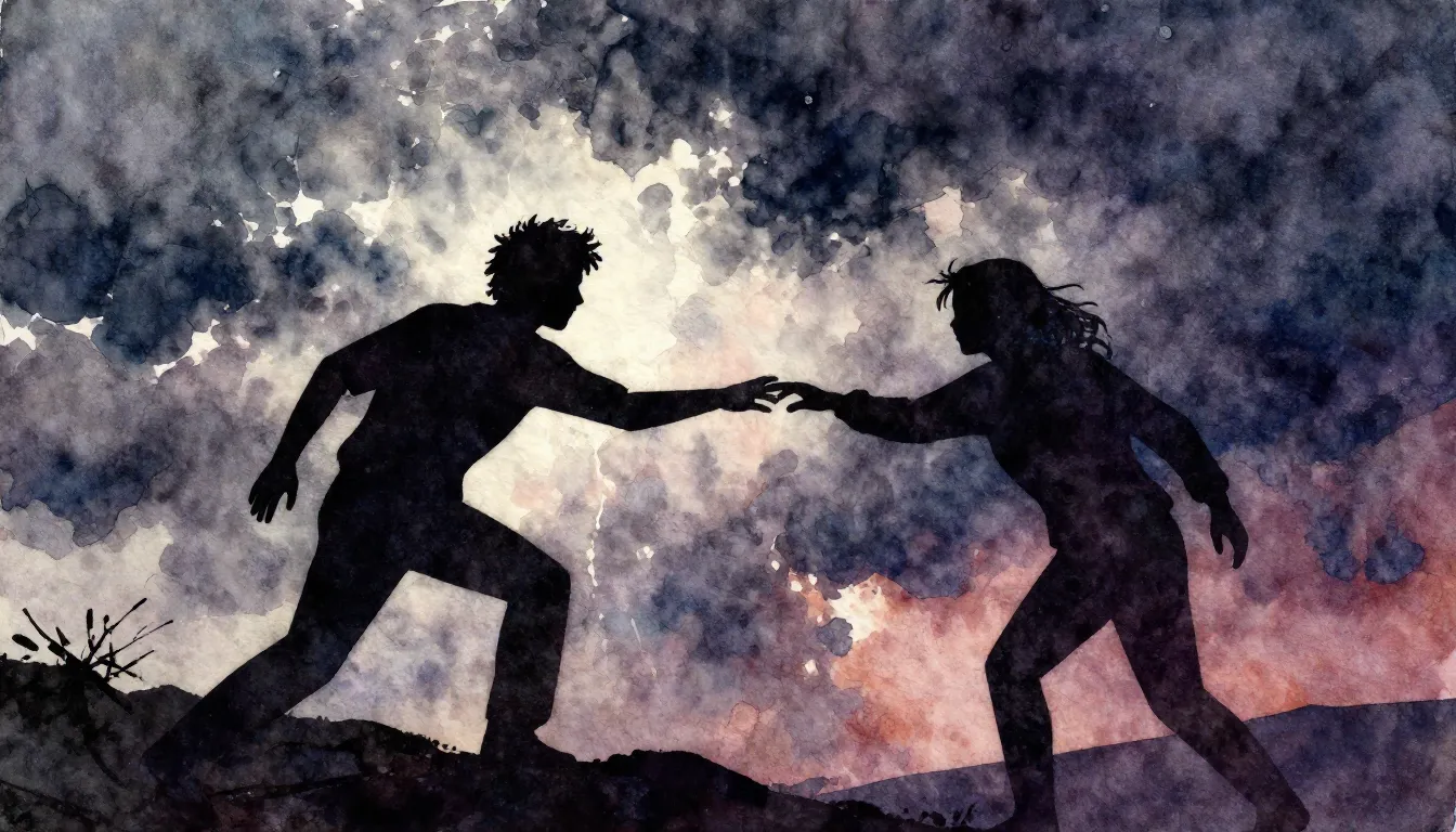 Vibrant watercolor style. Rock album cover: two silhouettes,...