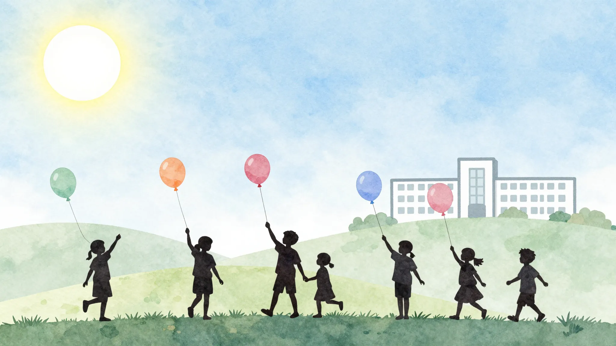 Watercolor style. A silhouette of a group of small children ...
