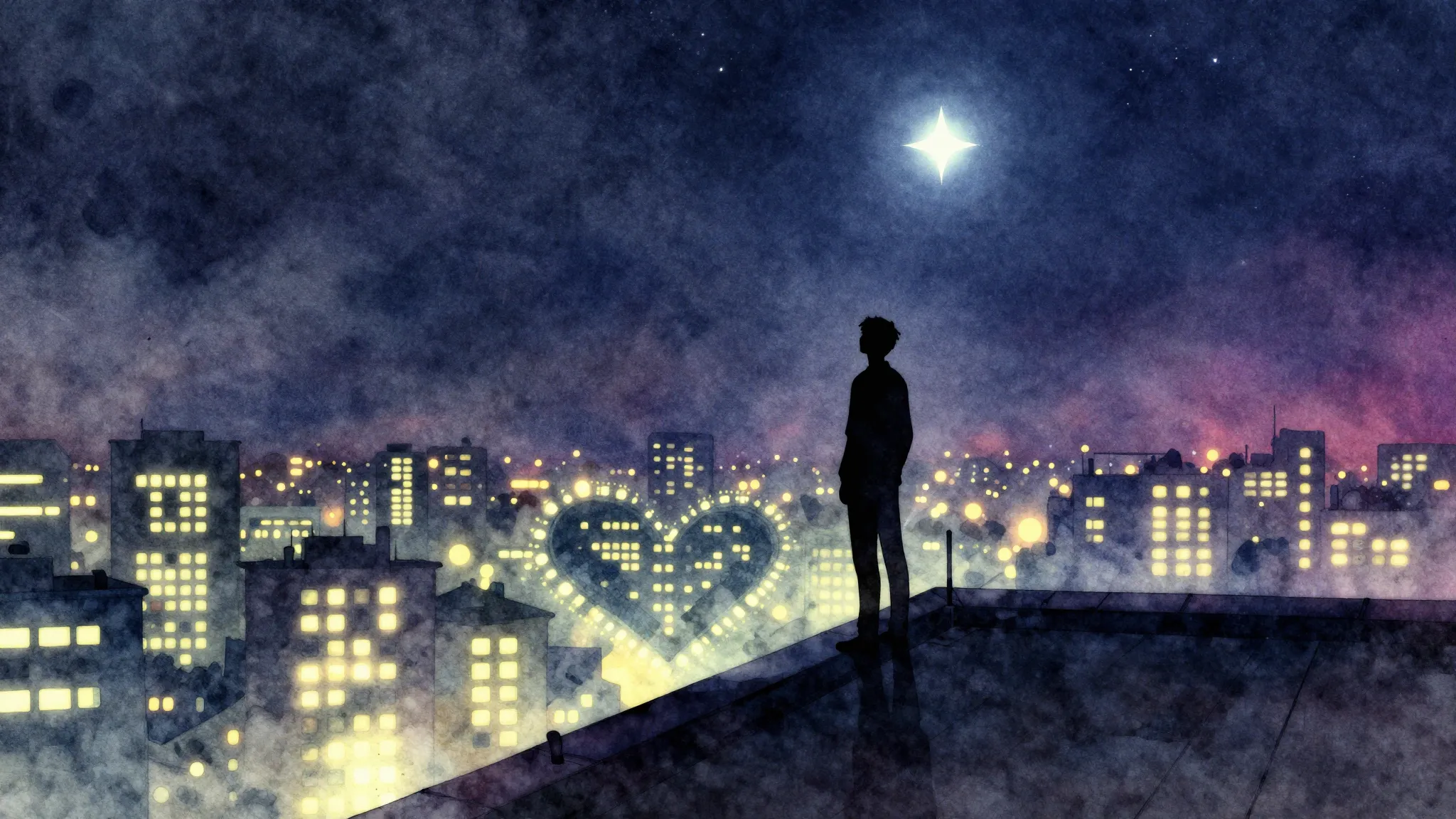 Vibrant watercolor style. A lone silhouette stands on a roof...
