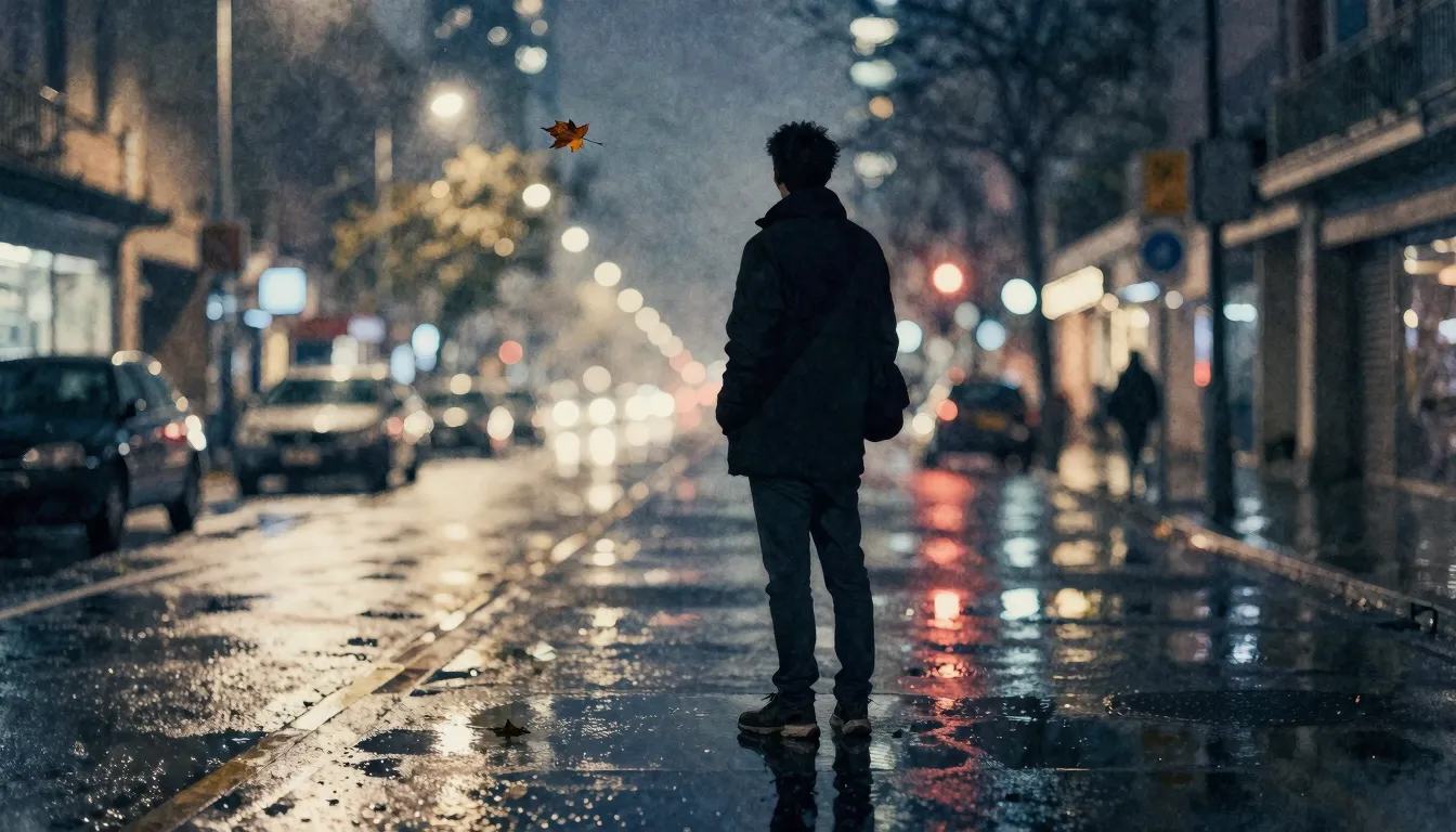 Watercolor style. A silhouette of a person standing on a wet...