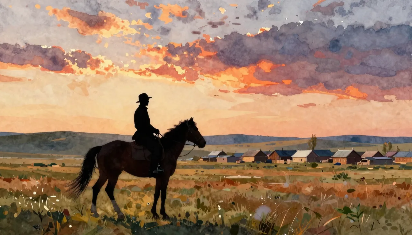 Watercolor style. A lone silhouette of a rider on a horse in...