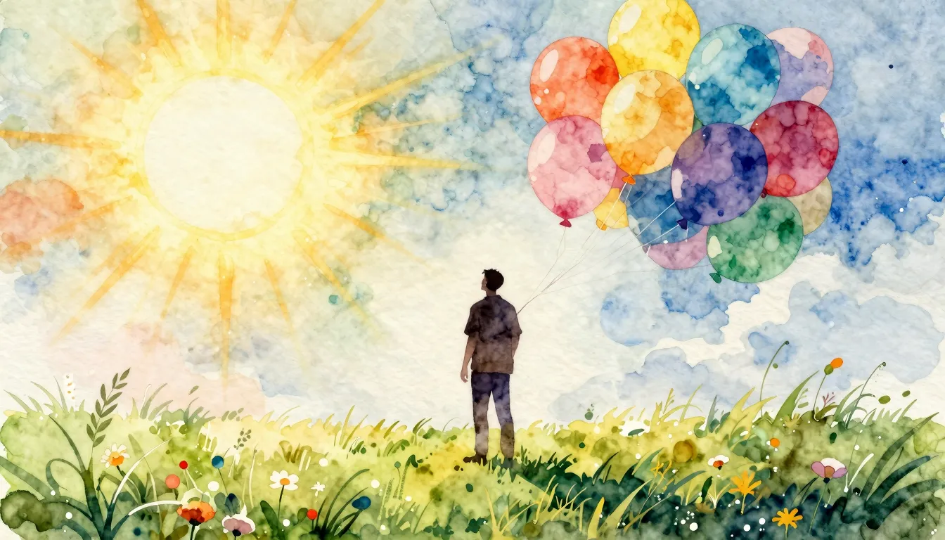 Watercolor style. A silhouette of a man standing on a summer...