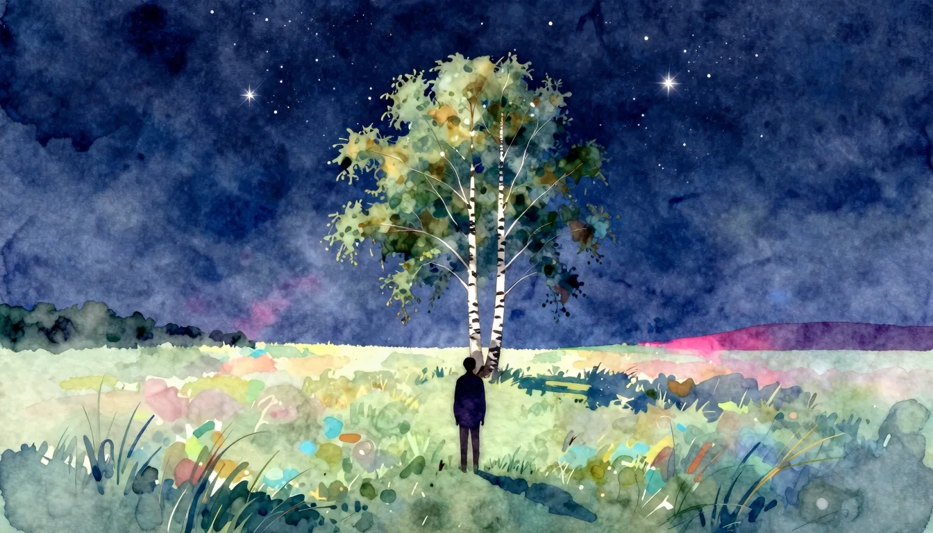 Watercolor style. A silhouette of a person standing in a vas...