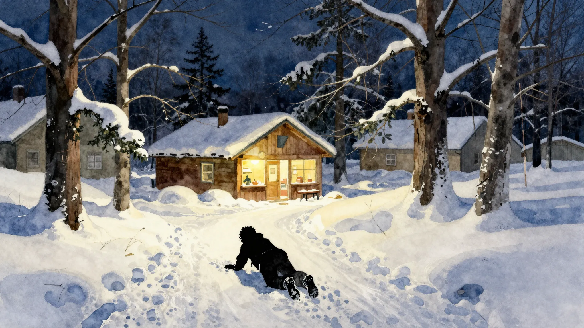 Watercolor style. A snowy small town with cedar trees, deep ...