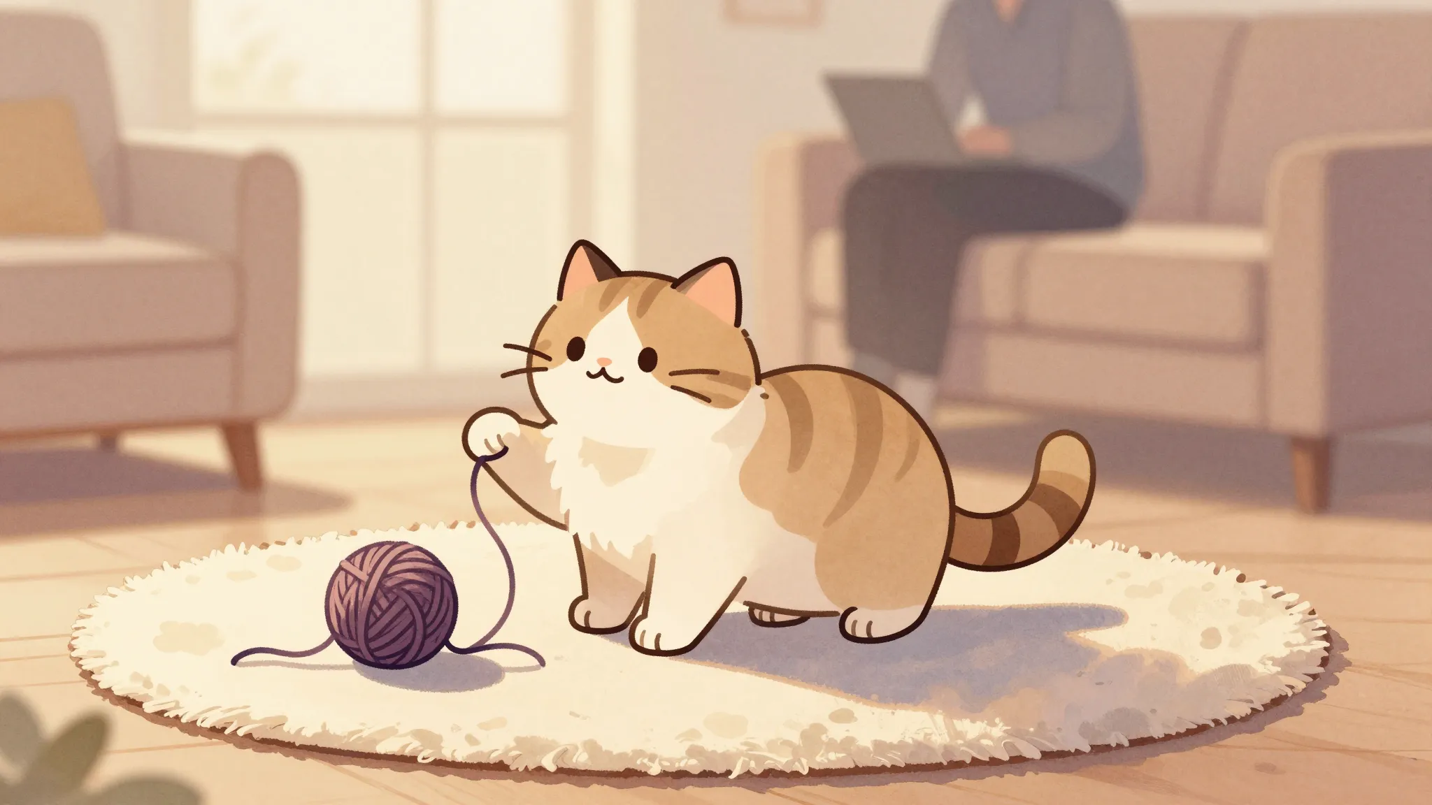 Watercolor style. A cute fluffy cat playing with a ball of y...