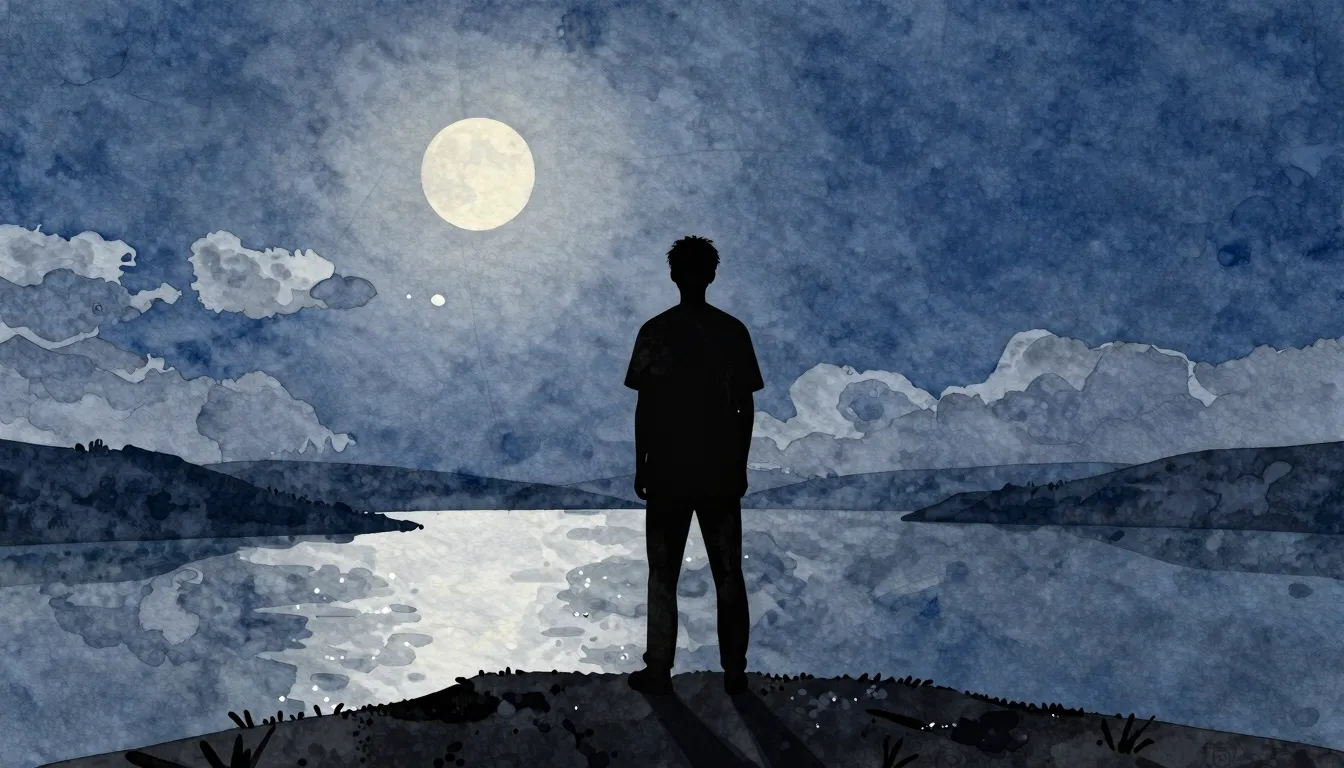 Watercolor style. A silhouette of a person standing on a hil...