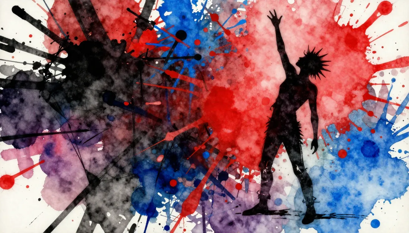 Vibrant watercolor style. Punk album cover. Abstract, chaoti...